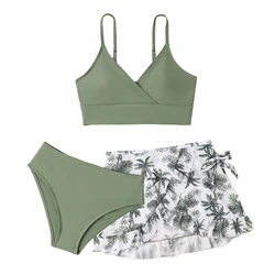 Kids Girls 3 Pieces Tankini Swimwear Hawaii Padded Triangle Bikini Swimsuit with Cover Up Skirt Floral Print Swim Beachwear