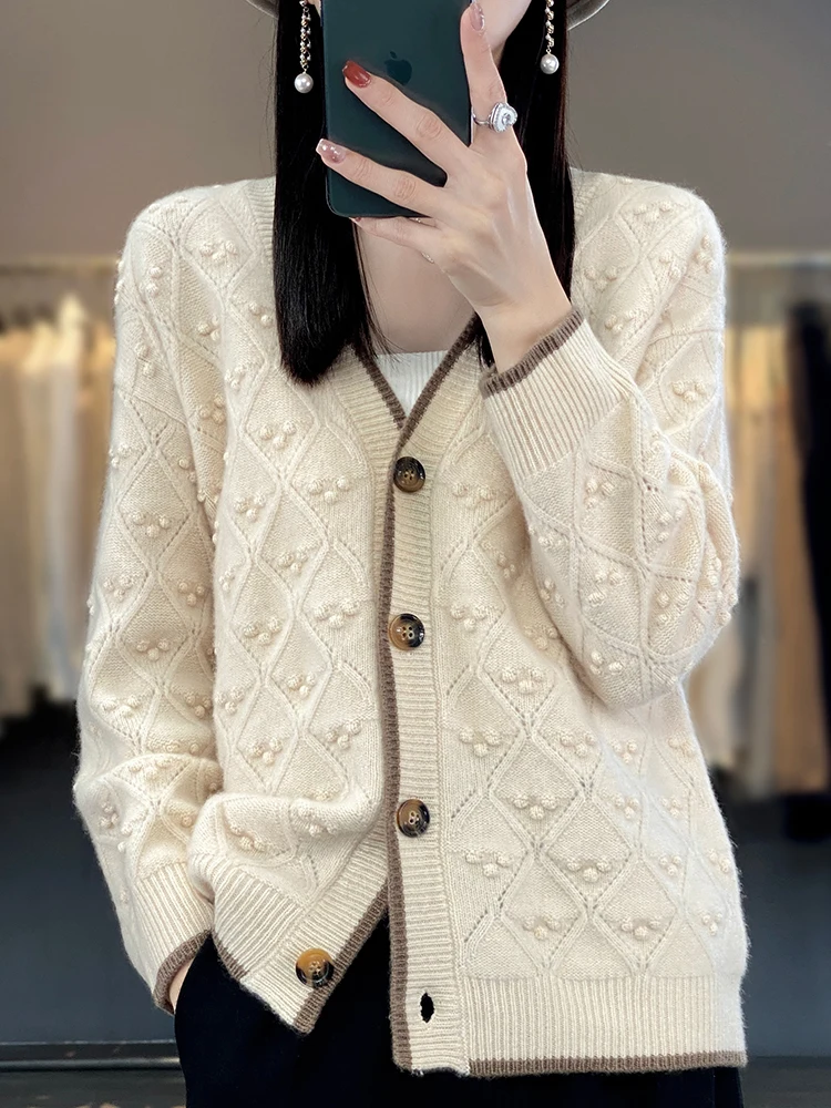 Women\'s Cardigan 100% Merino Wool Sweater Solid Long-Sleeved Female Fall Winter V-Neck Knitted Jacket Loose Soft Oversize Coat