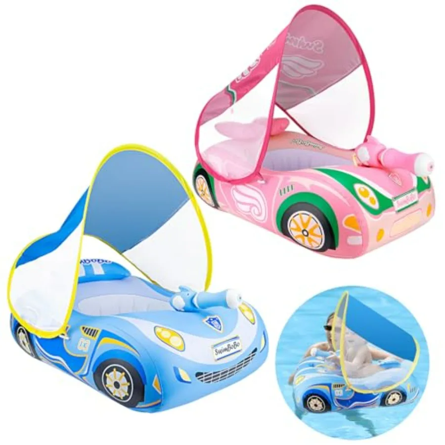 

Toddler Pool Float Inflatable Car Baby Swim Float with Adjustable Sun Canopy and Safety Seat for 3+ Years Old, PVC, Blue, UV-pr