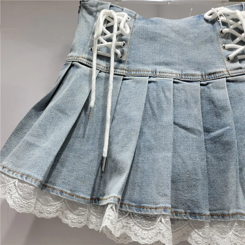 Lace Skirt Womens Summer 2025 New Sexy Girl Retro Streetwear Denim Shorts Dresses High Waist Slimming A-line Pleated Dress Y2k