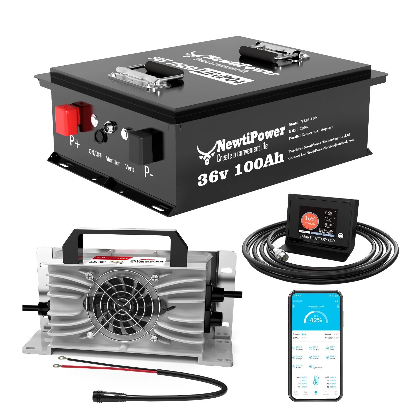 NewtiPower 36V 100Ah LiFePO4 Deep Cycle Battery for Golf Carts – 10kW Continuous Power, Built-in 200A Smart BMS, Bluetooth APP Monitoring, Fast Charger, and 10,000+ Rechargeable Life Cycles