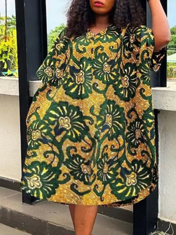 Plus Size 5XL Summer Dress Women Bohemian Floral Print Short Sleeve Dress Vintage Knee-length Vestidos 2024 Loose Beach Vestidos