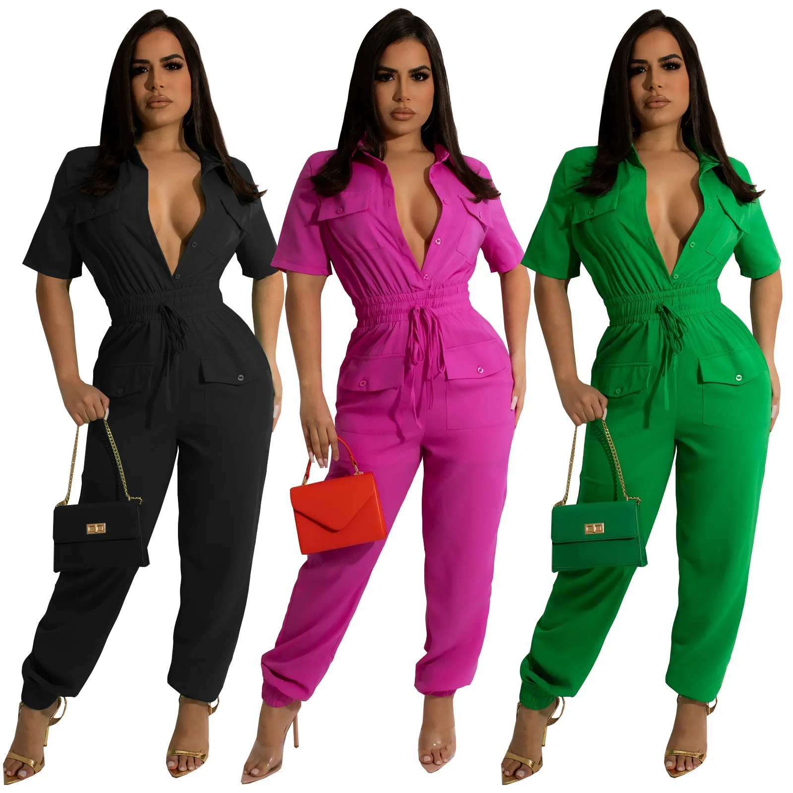 Women Lace Up Tight Waist One Piece Summer Jumpsuit Solid Overalls Casual Wide Leg Long Pants Short Sleeve Rompers 2023