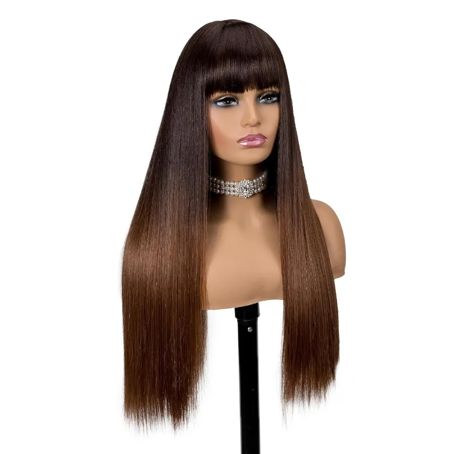 Langes Haar, gerade Perücken mit Pony für Frauen in dunklen Wurzeln, Ombre-Braun, Kunsthaar, natürlich, modisch, seidig, weich, Remy-Faser, Hea