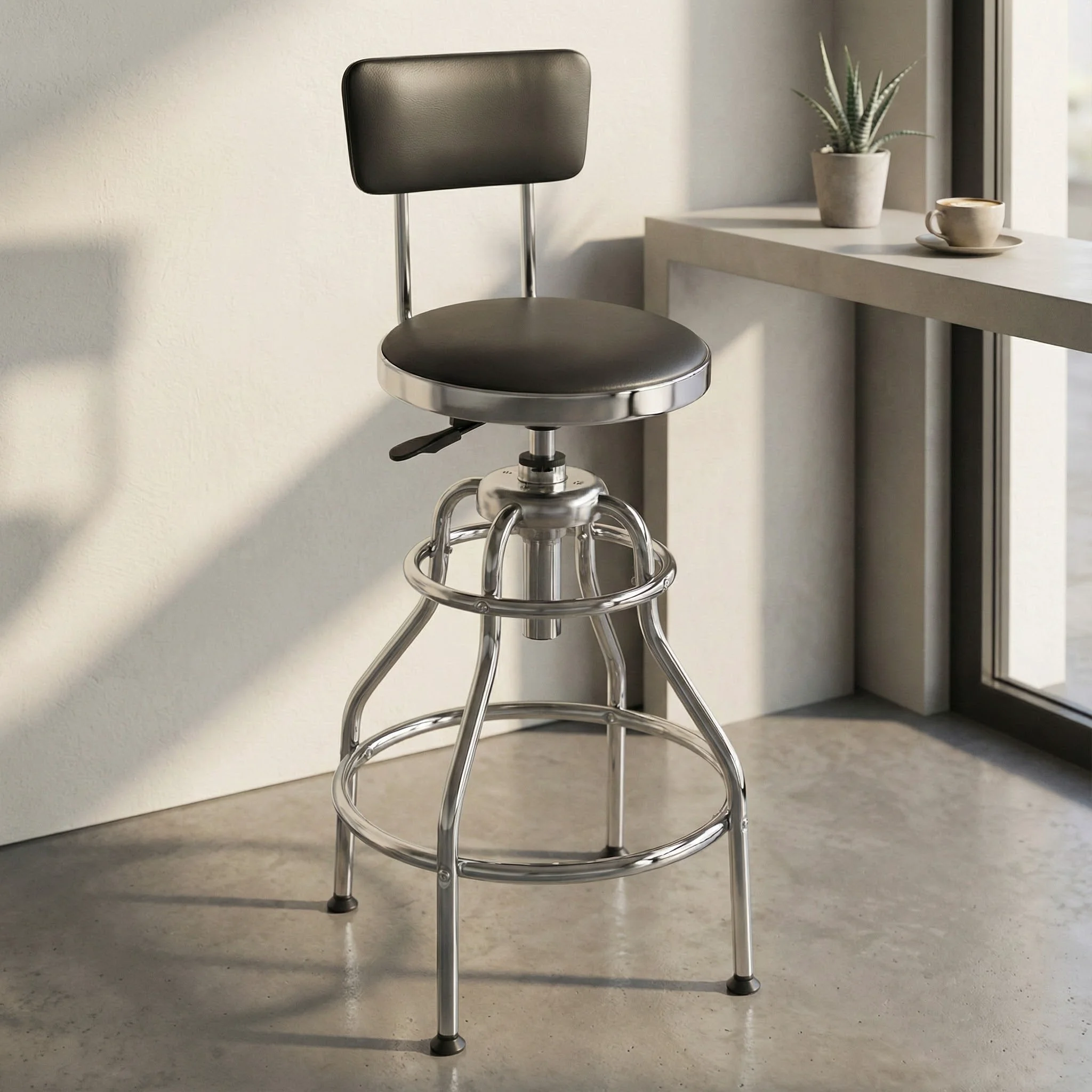Adjustable swivel bar stool with backrest, steel frame PVC seat cushion, industrial counter height bar chair with foot pedals