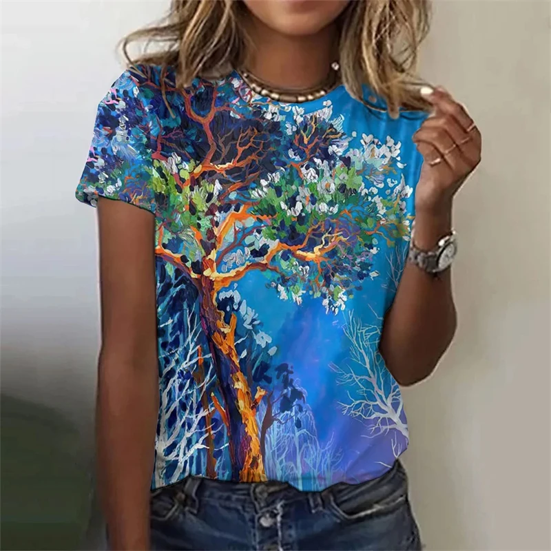 

2024 Fashion Oil Painting Tee Shirts Fashion Floral Theme T-shirt Floral Plants Tees Summer Clothing Basic Oversized Female Tops