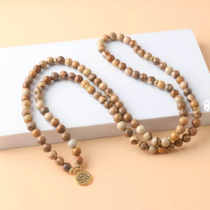 108 Beads Mala Prayer Necklace Natural Stone Picture Japer Healing Necklace Grounding Meditation Spiritual Protection Necklace