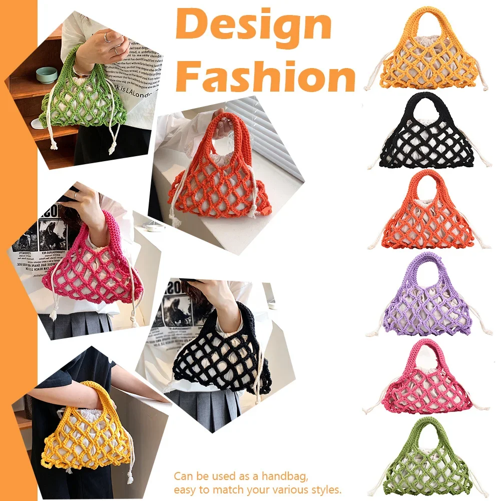 Cotton Thread Shopping Handbags Fashion Women Girls Knitting Hollow Out Bucket Tote Bag Personality Portable Woven Summer Bags