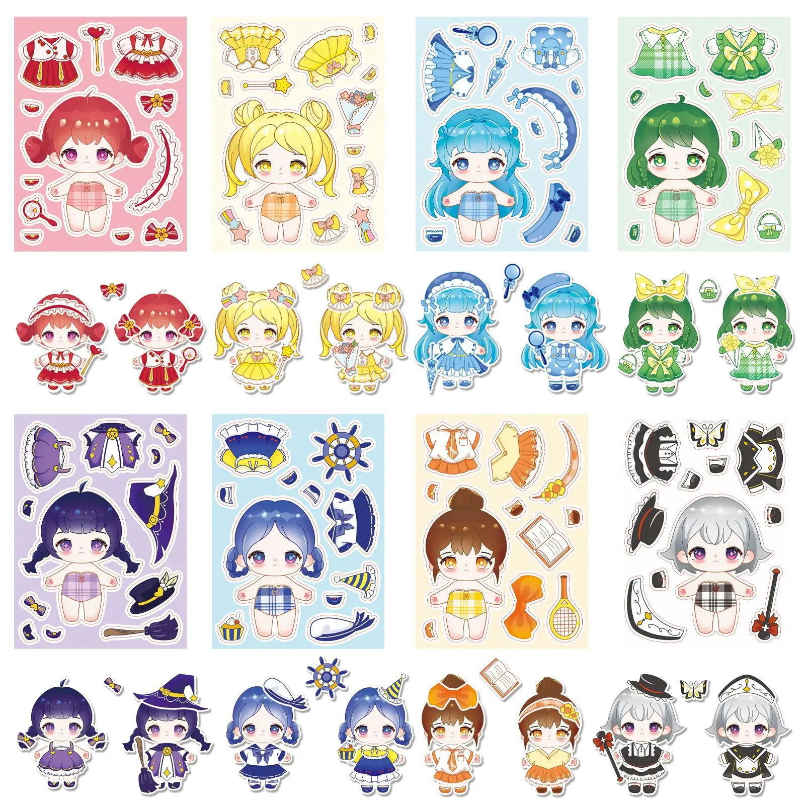 8 arkuszy naklejek z kreskówkowymi postaciami w stylu Q, bawełniane lalki, puzzle DIY, gra w przebieranki, naklejki na twarz, kreatywna interakcja rodzic-dziecko, seria kreskówkowa