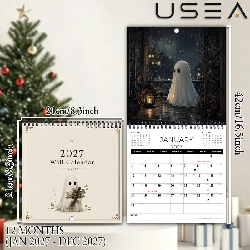 2027Wall Calendar,8.3x8.3Inch Cozy Spooky Ghost Aesthetic Boho Decor with US Holidays Moon Phase,Gift for Women Coworker Teacher