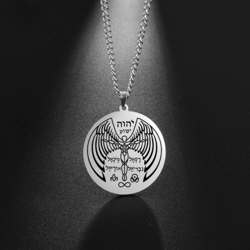 Vintage Human Wing Words Pattern Round Pendant Necklace for Men Boys Fashion Jewelry image 6