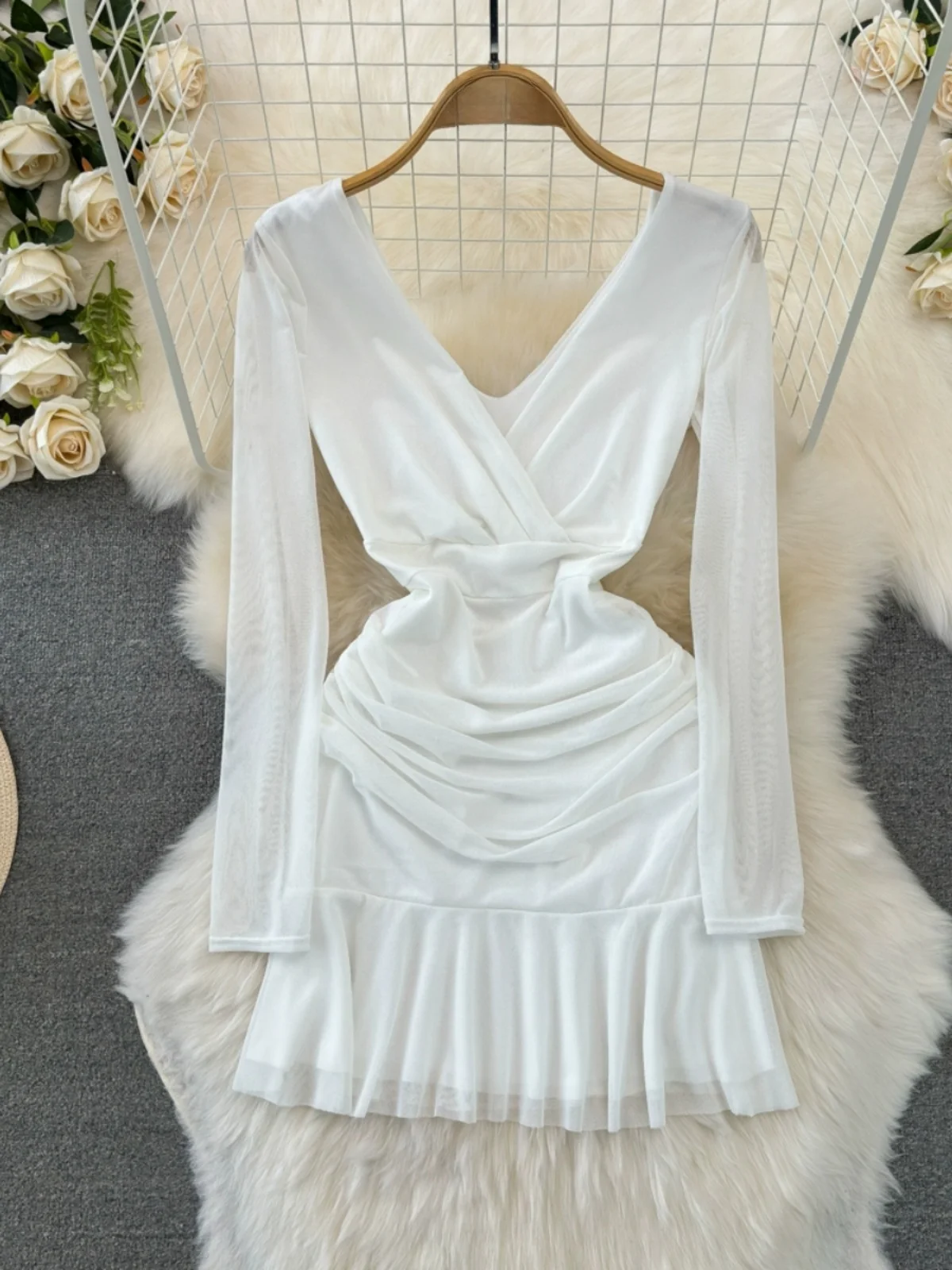 Sexy V-Ne Low-Bust Bal A-Line Skirt Dr Women's Faionable Midi Length Lace Trim Pleated Slimming Me Overlay Dr