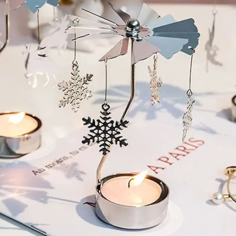 Metal Metal Rotating Tea Light Holder Hollow Angel Carousel Pattern Christmas Rotating Candle Holder Gold Silver