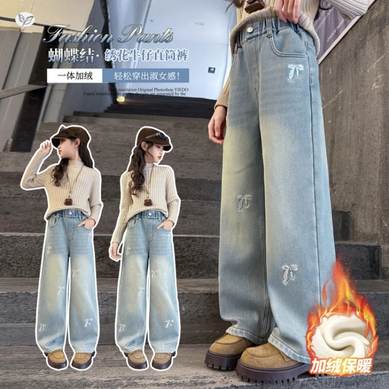 

Голубые джинсовые брюки на флисовой подкладке для девочек, широкие джинсовые брюки с вышитым бантом, зимние джинсовые брюки с вышивкой
