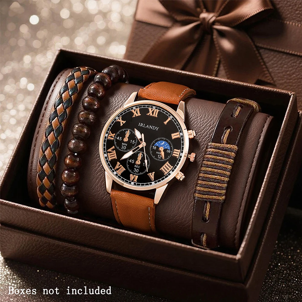 4PCS casual and fashionable men's quartz watch with woven bracelet accessories set suitable for daily wear
