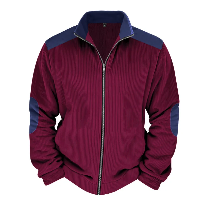 Herren Stehkragen Cordjacke, Farbblock-Design, Reißverschluss-Mantel, Retro, Locker Geschnitten, Lässig, Langarm, Herbst-Winter, Alltag, Streetwear – Detail 40