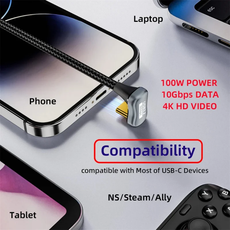 5A Type C Thunderbolt 3 Cable 90 Degree Elbow U-Shape Pd100W Extend Usb-C Cord for Iphone 15 Pro Max Macbook Pro Samsung Xiaomi