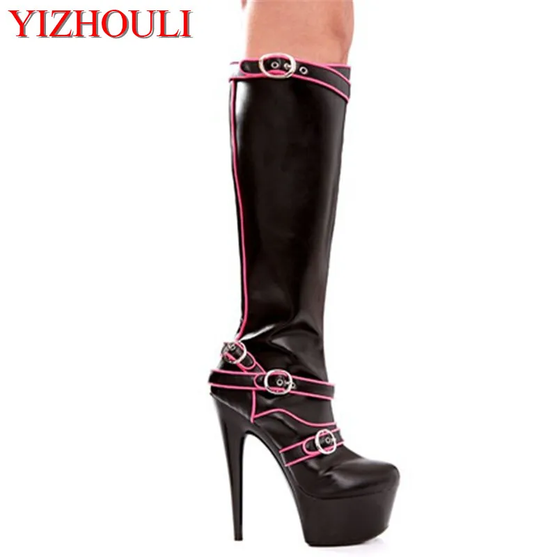 

15cm ultra high heels boots medium-leg double hasp women's platform boots shoes 6 inch platform heel Sexy Knee-High dance shoes