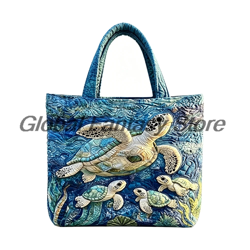 Sea Turtle Funny Quilted Tote Ocean Beach Seashell Print Travel Tote Casual HandBag Men Women Daily Shopping Bags