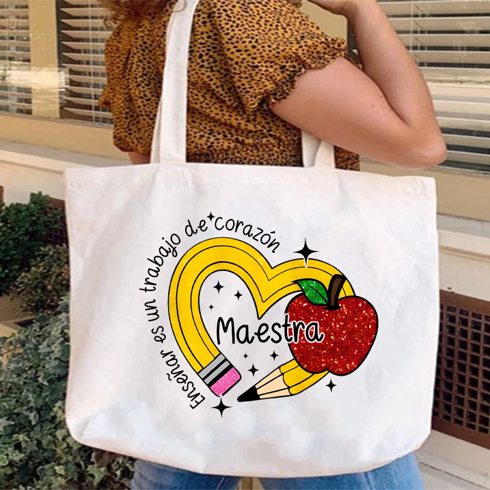 MAESTRA &pencil Apple Print Tote Bags Teacher Commut Tote Package Large Capacity Portable Canvas Handbag Best Teacher Present\\