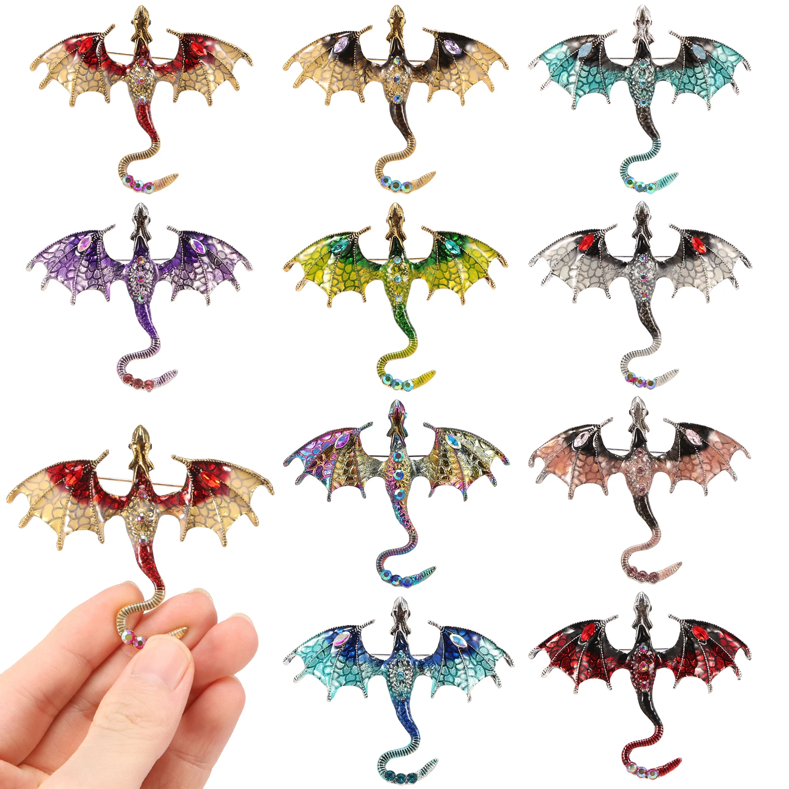 4/10 Stück Stilvolle Cartoon-Drachen-Emaille-Anstecknadel mit Funkelnden Kristallen Drachenförmige Legierungs-Anhänger Kreative Schmuck-Reversnadel Brosche