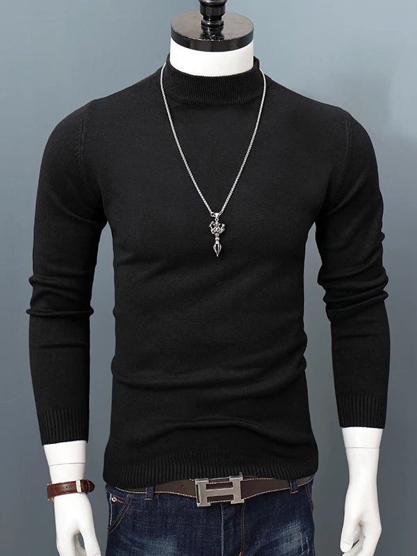 

Slim Fit Men's Knitted Sweater f High Collar Thin Pure Color Crew Ne Korean Sle Soft Polyester Long Sve Base Layer