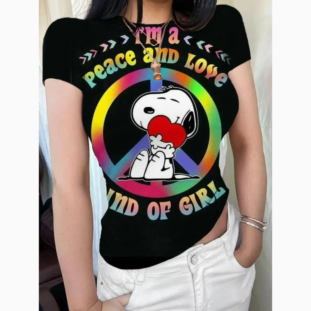 T-shirt slim fit a maniche corte da donna girocollo 202 casual Snoopy print top pullover basic T-shirt street wear Y2K stretto T-shi