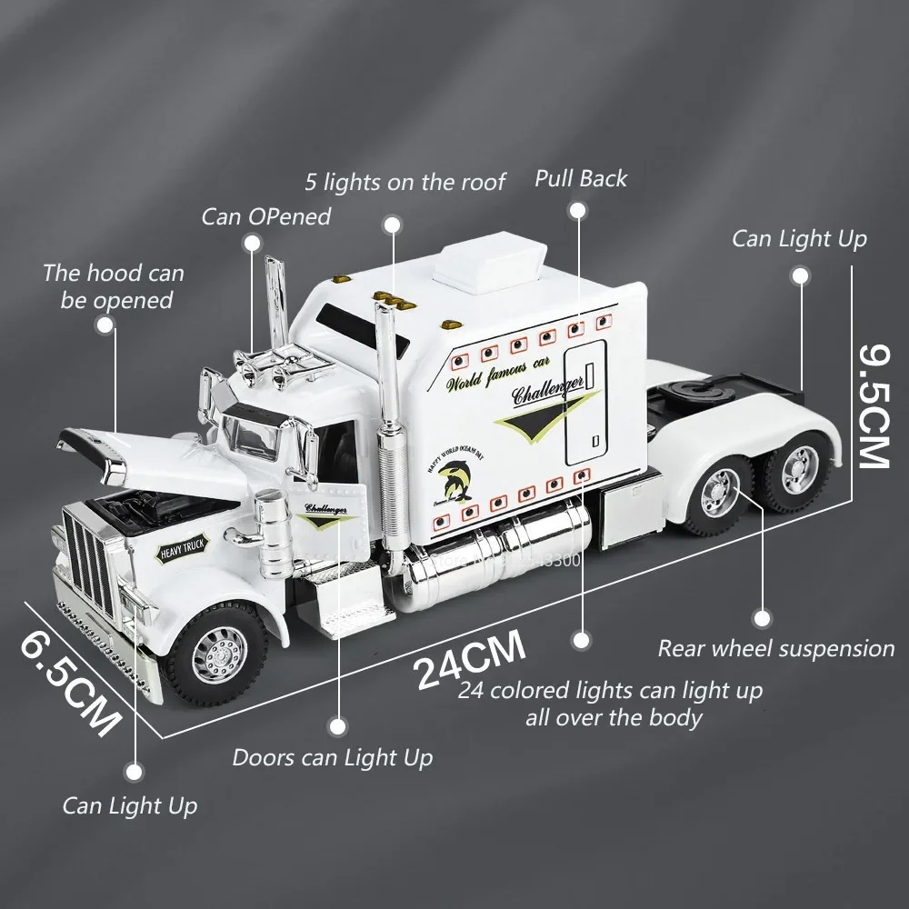 1:24 Scale Peterbilt 389 Heavy Truck Tractor Toy Model Alloy Diecast Sound Light Pull Back Models Boys Toys Gifts Collection