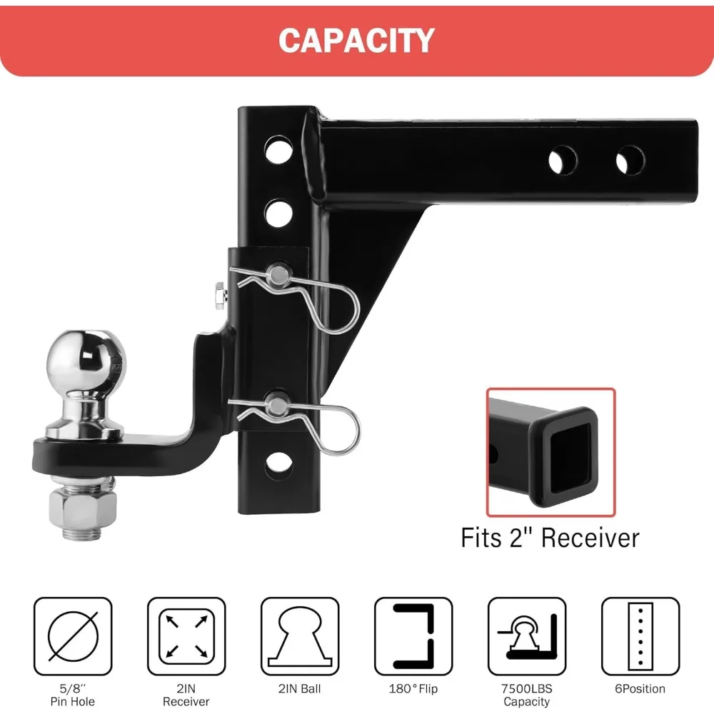 Adjustable Trailer Hitch Ball Mount for 2-Inch Receiver, 7500lbs Capacity, 9-1/2" Drop/8-1/4" Rise with Stainless Steel Pins