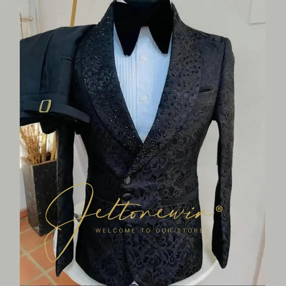 

Black Floral Suits For Men Set 2 Piece Beaded Shawl Lapel Double Breasted Evening Party Wedding Suit Male Clothing Jacket Pants
