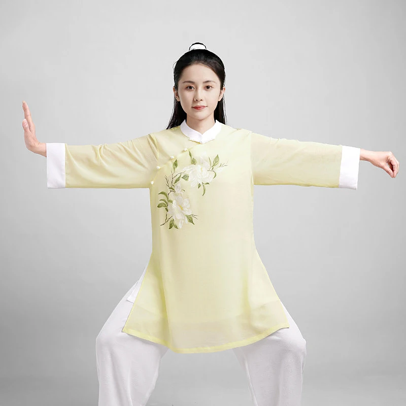 Women's Premium Qigong Practice Uniform - Chinese-Inspired Silk Linen Tai Chi Outfit for Spring, Hand Painted Buttons & Contrast
