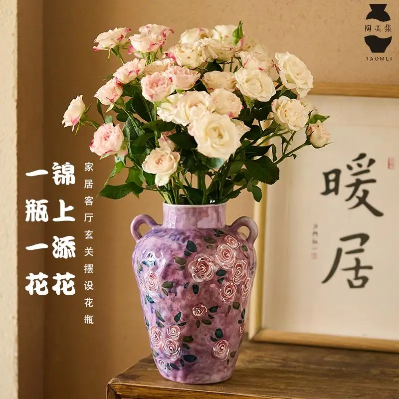 Hand-painted Rose Ceramic Vase Chinese Style Underglaze Color Living Room TV Cabinet Water-nurtured Fresh Flowers Dried Flower V
