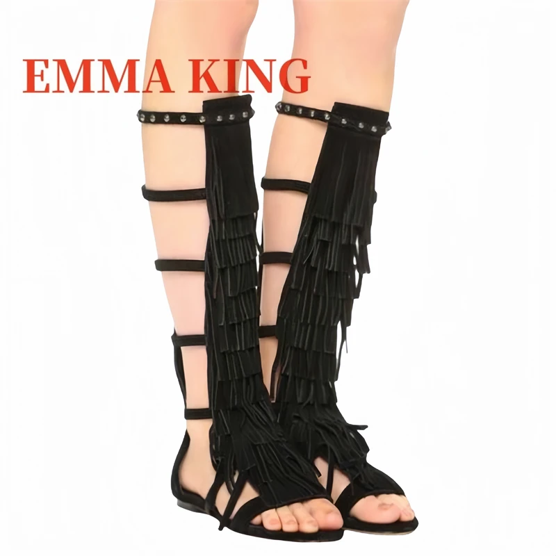 أسود الجلد المدبوغ صنادل طراز جلاديتور المفتوحة تو الصيف مهدب شقة الركبة عالية التمهيد أحذية الشاطئ موضة صندل كاجوال للأحذية النسائية 44