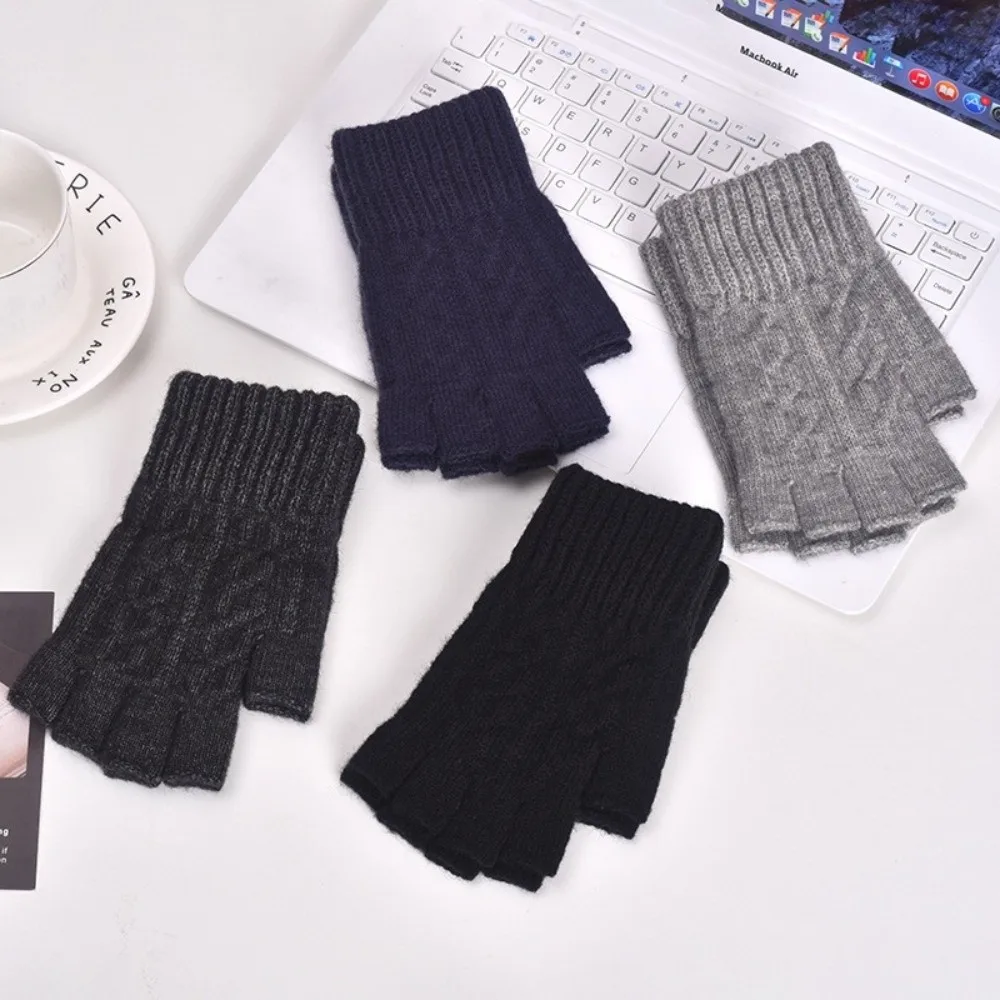 

Protable Solid Color Winter Gloves Thick Exposed Finger Knitted Gloves Warm Hand Protector Half Finger Gloves Unisex
