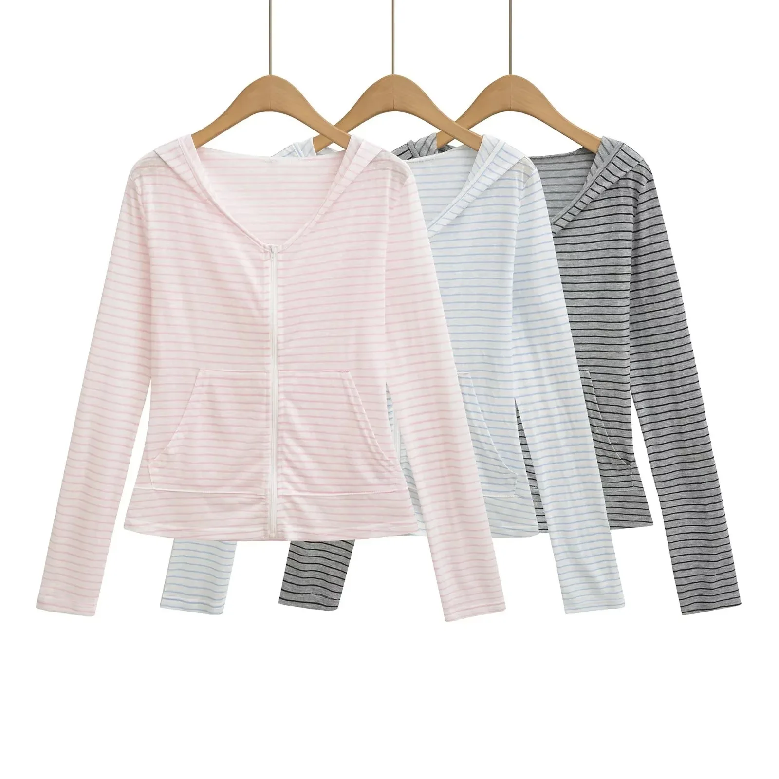 

New Lazy Style Striped Zipper Long Sleeve Hooded Open Cardigan Women's Versatile Casual Top