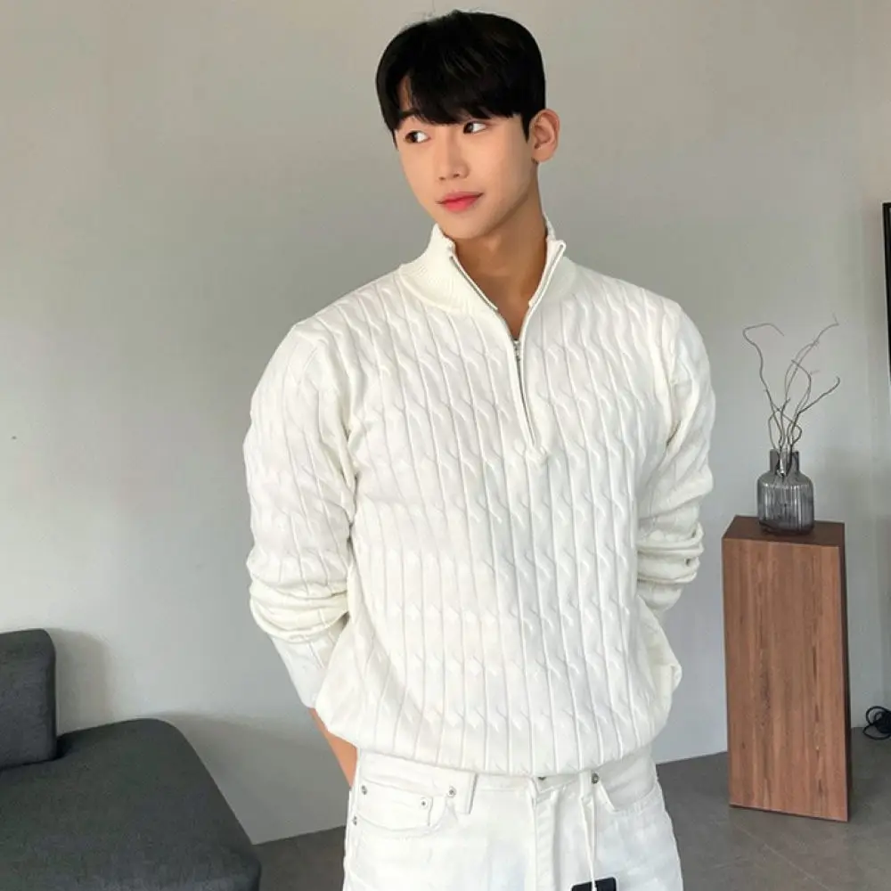 New Mens Half Zip Cable Sweater Slim Fit High Collar Pullover Autumn Winter Warm Casual Fashion Solid Color Knitwear Top