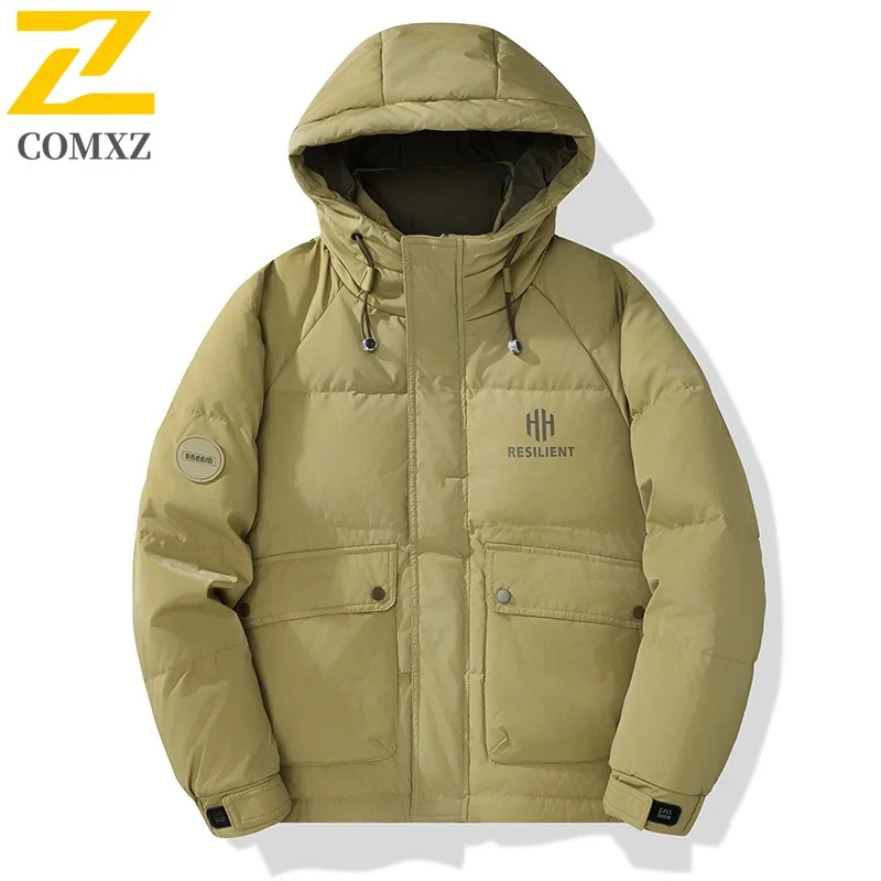 COMXZ Men Down Jacket High Quality Hooded Outdoor Adventure Multi Function Warm Parka Solid Color Travel Lightweight Winter Coat