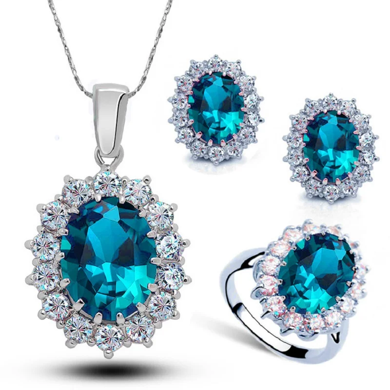 Autentyczne 925 Sterling Silver Plated Women Ślubne zestawy biżuterii zaręczynowej Księżniczka Owalny naszyjnik z cyrkoniami Kryształowe kolczyki Pierścionek