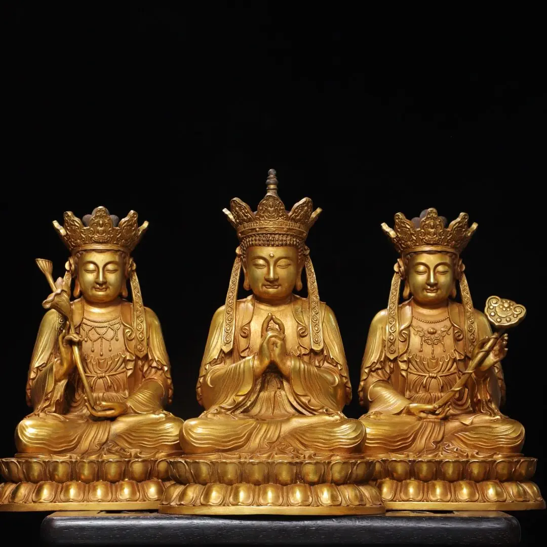 Handmade Brass Gold Plated Avatamsaka Three Saints Set Vairocana Manjusri Samantabhadra Statues Home Altar Vintage Decor Gift
