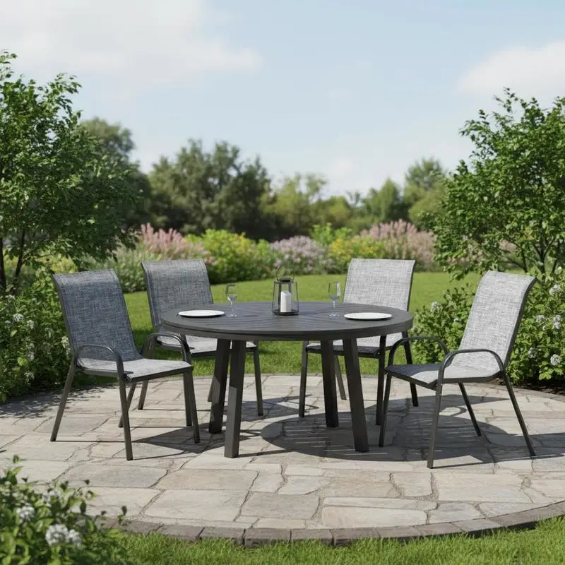 Set of 4 Outdoor Dining Chairs, Stackable Patio Chairs with High Back, Breathable Mesh Seat for Garden Lawn, Mixed Gray