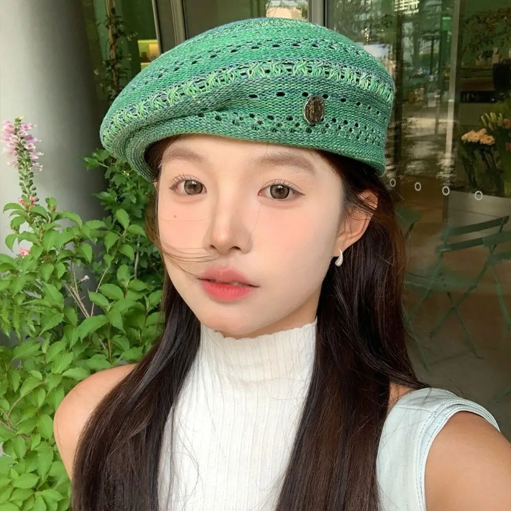 

Japanese Style Hollowed Out Beret Hat Fashionable Thin Weave Painter Hat Vintage Fresh Color Crochet Knitted Cap Spring