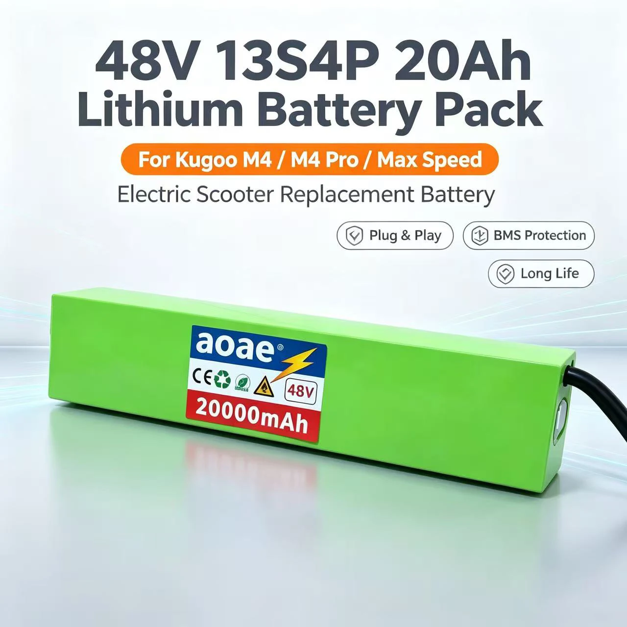 48V 20Ah 13S4P 18650 Li-ion Battery with BMS, High Capacity Replacement for Kugoo M4 M4Pro M5 M5Pro E-Scooter