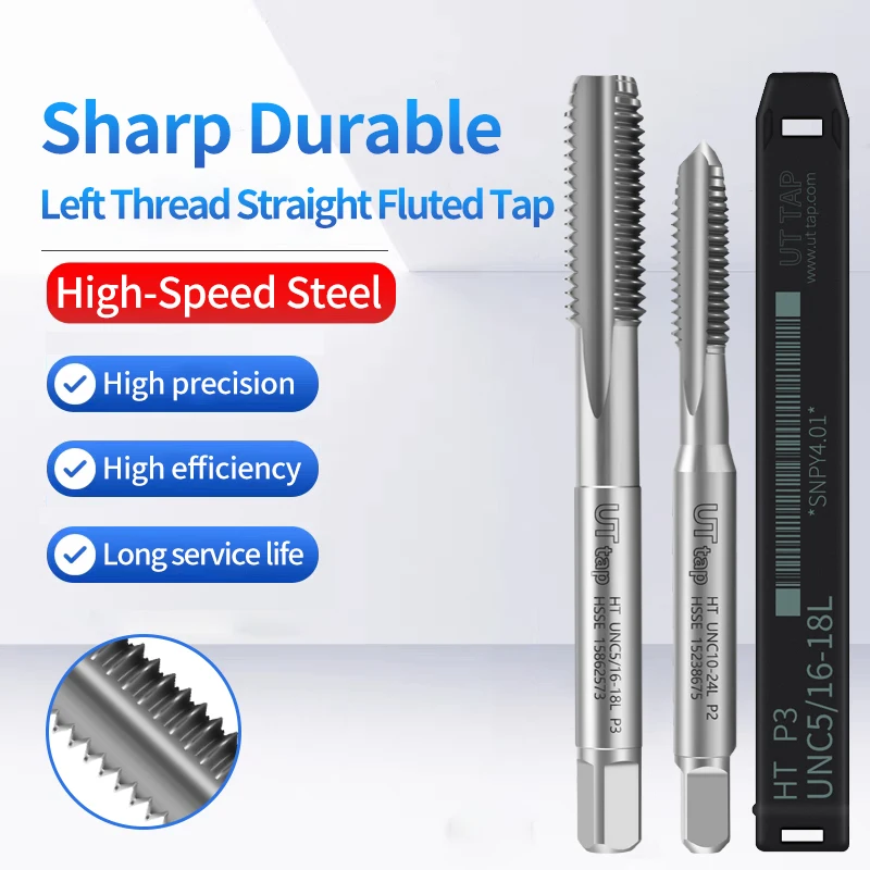 UT TAP HSSE Left Hand Straight Grooved Flute Tap UNC UNF 4-40~10-24 1/4 5/16 3/8 7/16 7/8 1/2 LH Screw Threading Tap Without/TIN