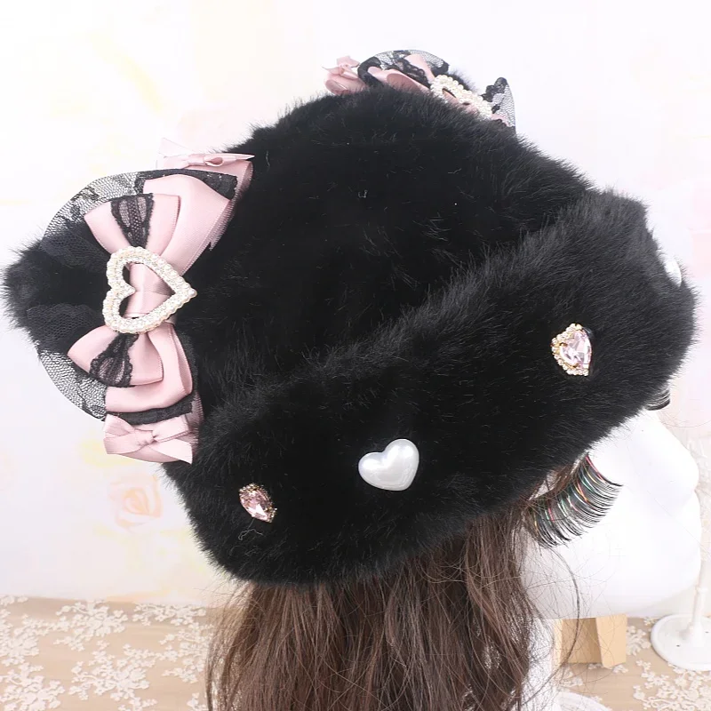 Original Handmade Sweet Lolita Plush Hats Autumn and Winter New Girl's Cute Bow Lace Heart Rhinestone Lo Hat Woman's Warm Hat