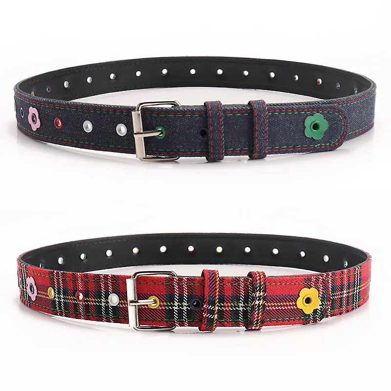 Women Y2K Punk Belt Harajuku Flower Waist Belt Adjustable Plaid PU Leather Jeans Dress Decorative Belt  for streetwear