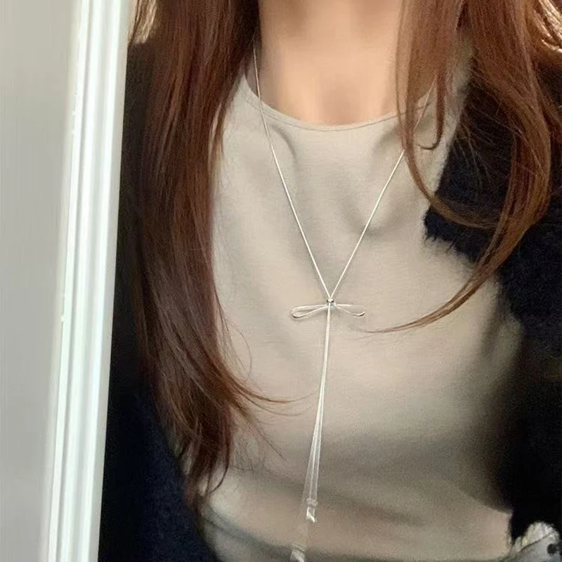 1PC Simple Exquisite Bowknot Drawstring Long Necklace For Women Girls Versatile Sweater Chain Fashion Temperament Necklace Gifts