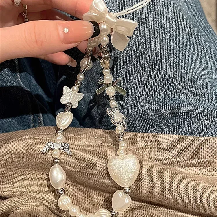 INS Korean Cute White Bow Heart Pearl Beads Beaded Phone Chain For iPhone Camera Hanging Rope Anti-Lost Lanyard Hanging Jewelry