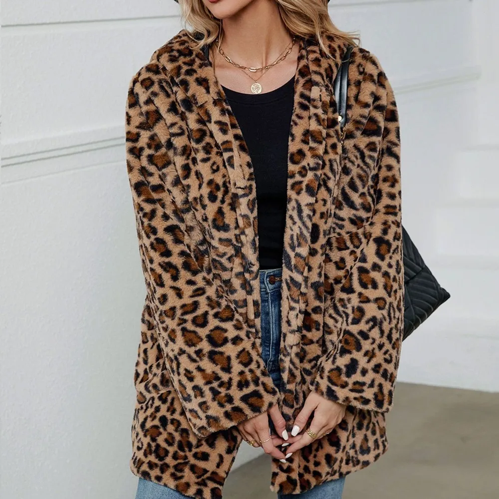 

Women Furry Faux Fur Coats Jackets Fashion Leopard Printing Women Loose Fur Overcoat Autumn Winter Thick Warm Cardigan Clothes