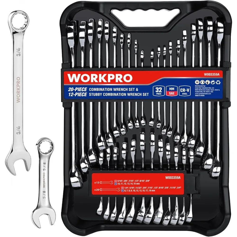 32-Piece SAE & Metric Combination Wrenches Set, 20-Piece Standard wrenches and 12-Piece Stubby Wrenches with Organizer Tray