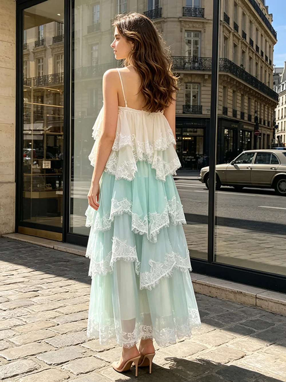 Sweet Vacation Style Gradient Camisole Cake Long Dress, New Backless Drawstring Lace Edge Dress